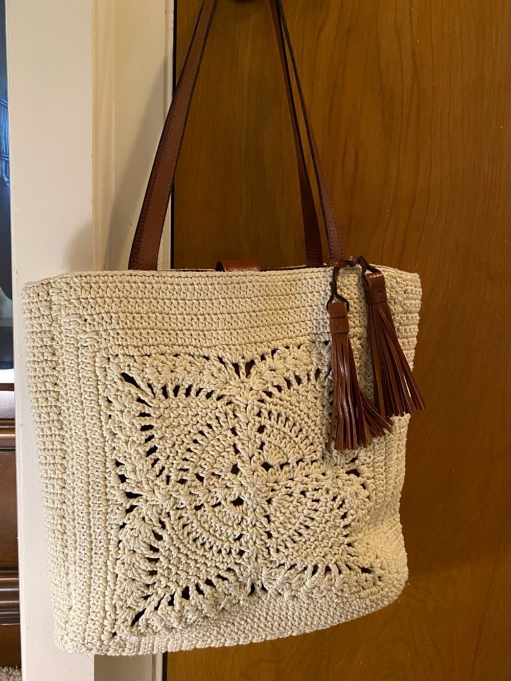 Neutral Crochet Tote Bag with Brown Tassel Straps - Patricia Nash.